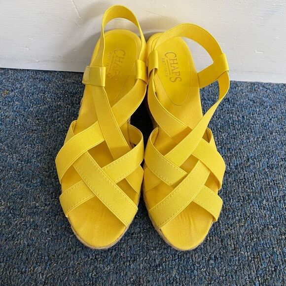 Chaps women 8 slip on strappy 3” wedge sandals w/stretchy straps yellow - Picture 4 of 7